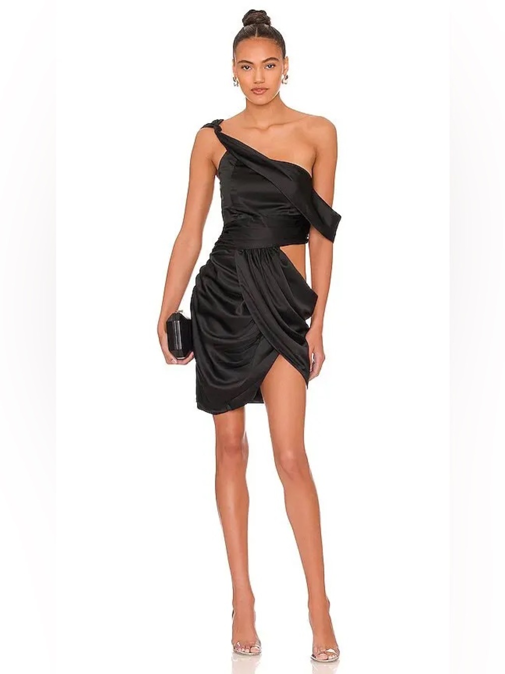 NWT NBD Aviva Black Satin One Shoulder Cutout Mini Dress Size S Revolve
